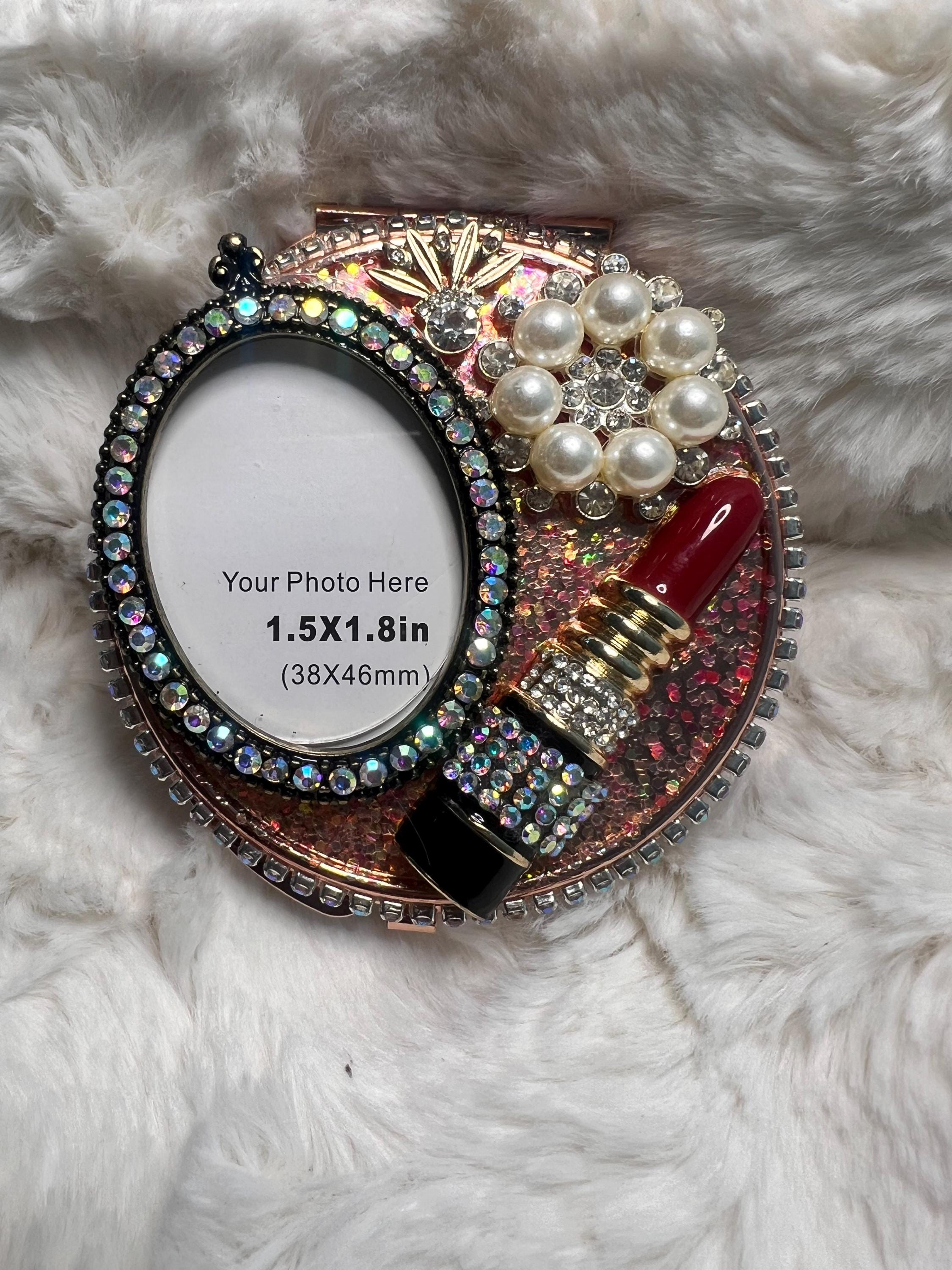 Rhinestone Compact Mirror | Lipstick Charm, Pearl Embellishment, Photo Holder