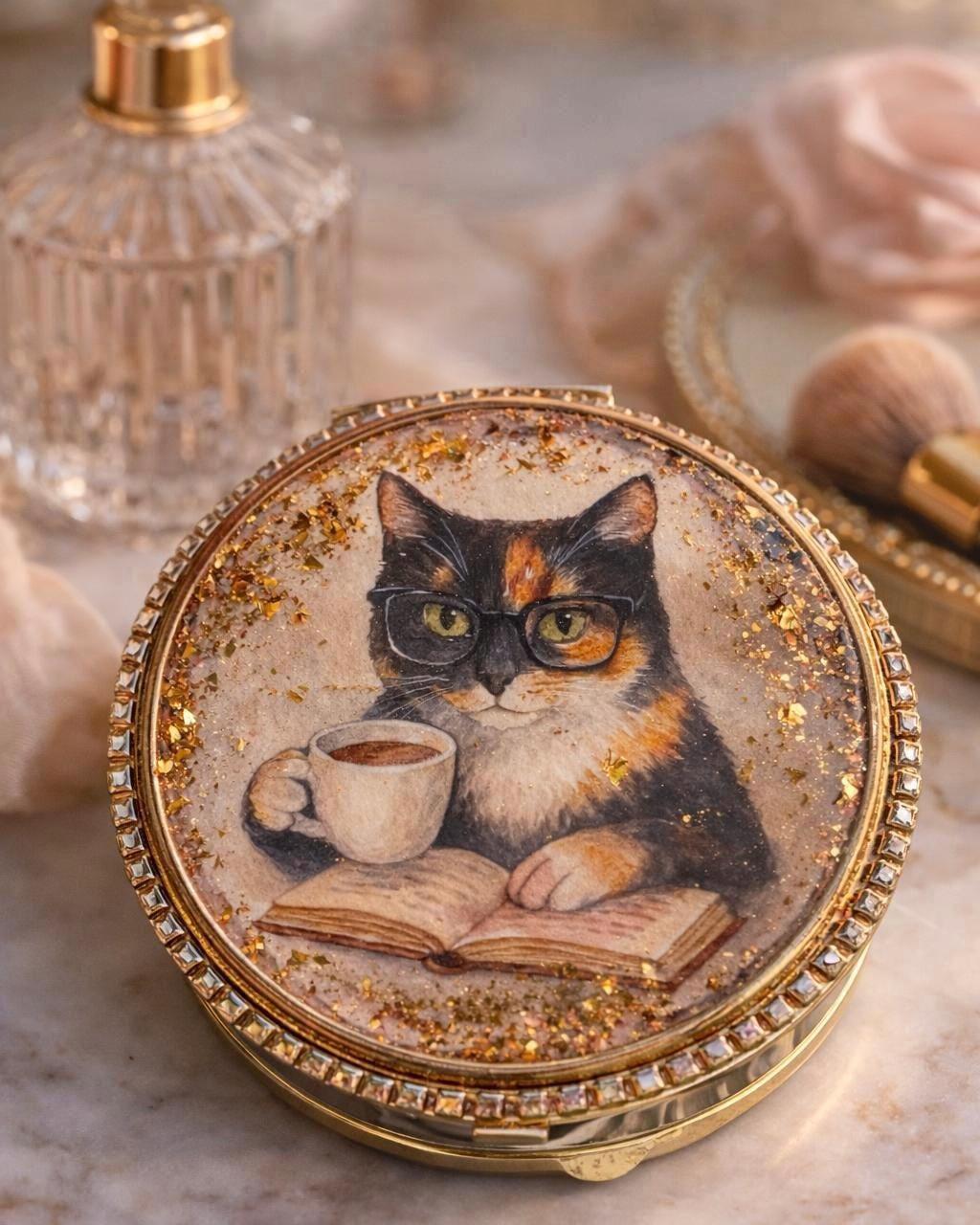 Vintage Cat Compact Mirror, Rhinestone Trim, Floral Garden Pocket, Cat Lover Accessory distress look