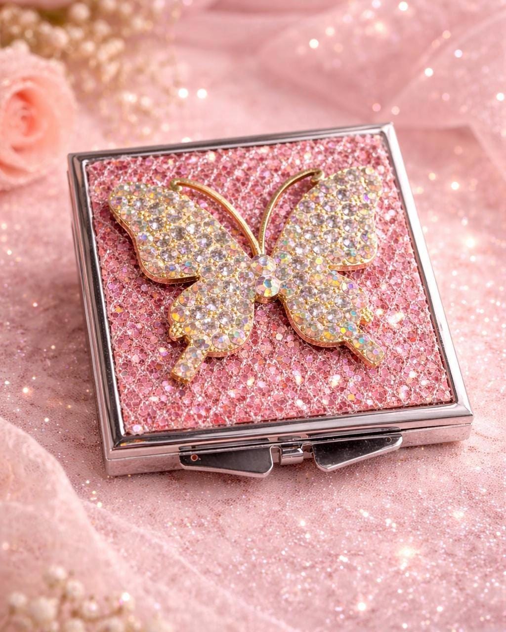 Sparkly Butterfly Compact Mirror | Bling Rhinestone Purse Makeup Mirror