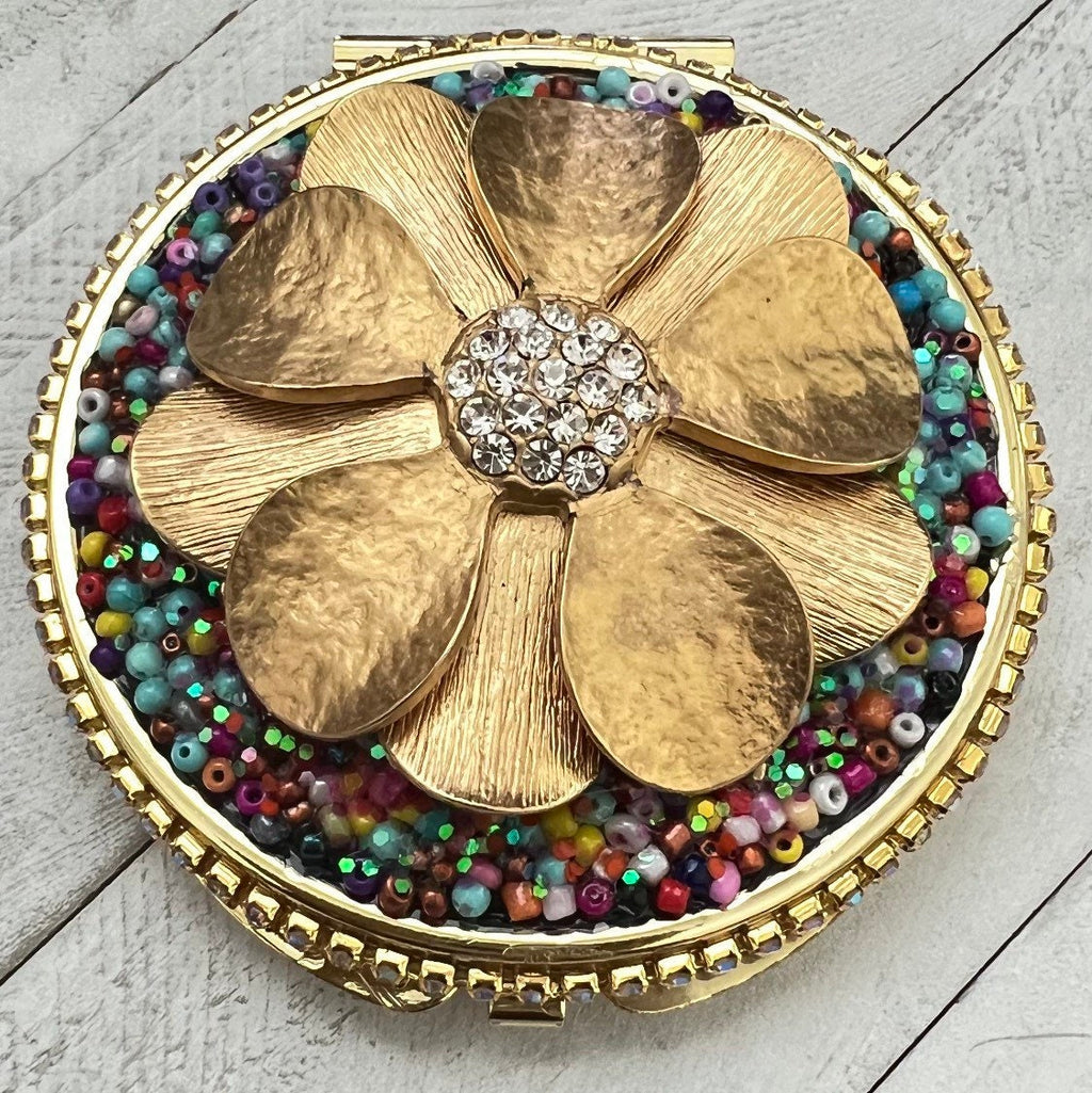 Gold Floral Compact Mirror with Rhinestones | Handmade Beaded Purse Mirror