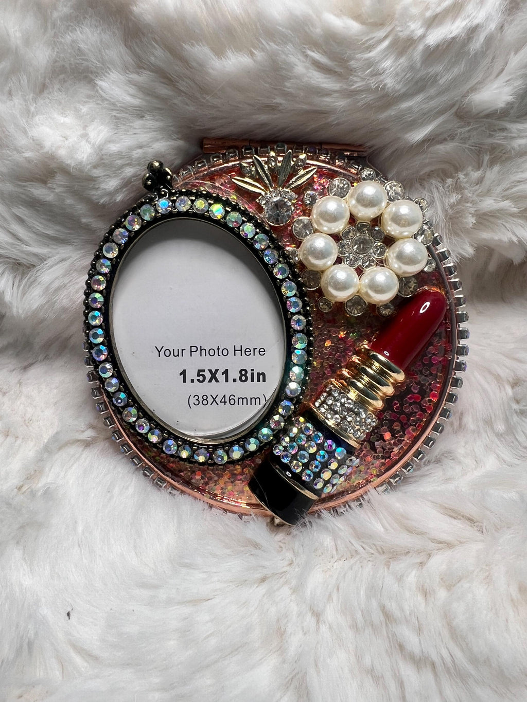 Rhinestone Compact Mirror | Lipstick Charm, Pearl Embellishment, Photo Holder