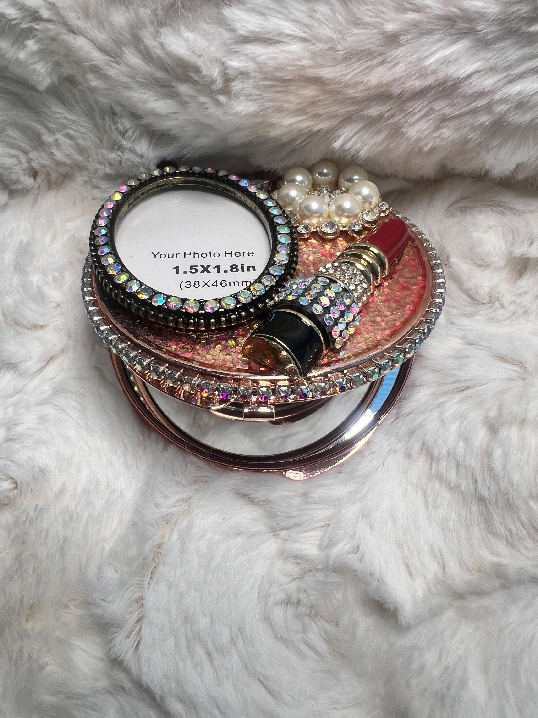 Rhinestone Compact Mirror | Lipstick Charm, Pearl Embellishment, Photo Holder