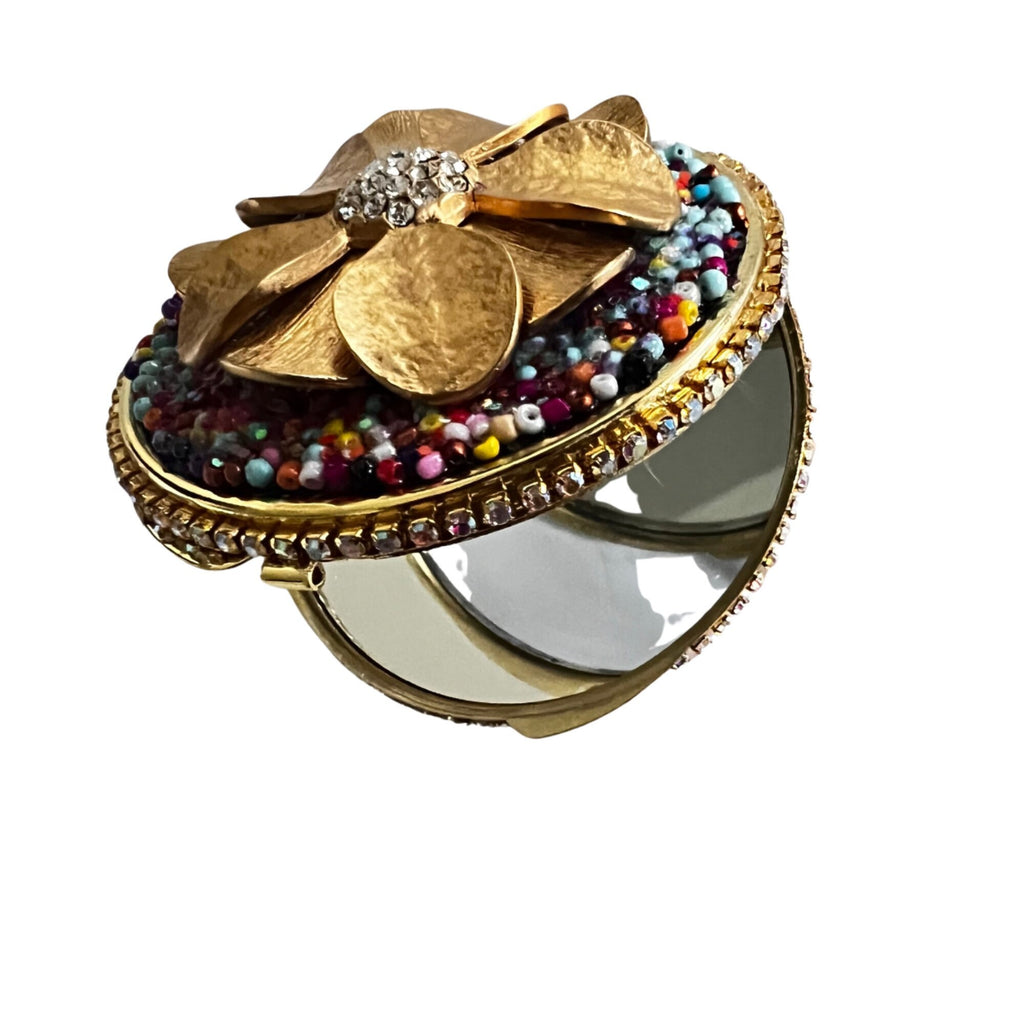 Gold Floral Compact Mirror with Rhinestones | Handmade Beaded Purse Mirror