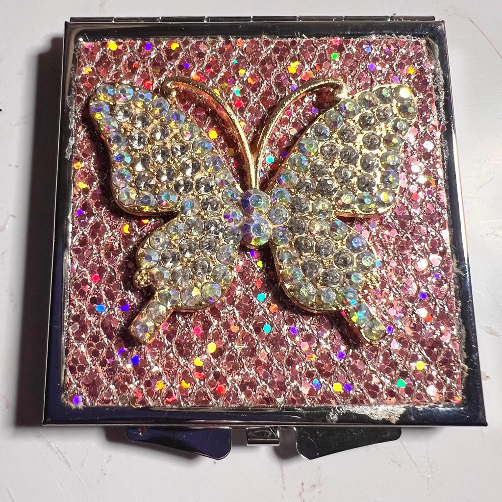 Sparkly Butterfly Compact Mirror | Bling Rhinestone Purse Makeup Mirror
