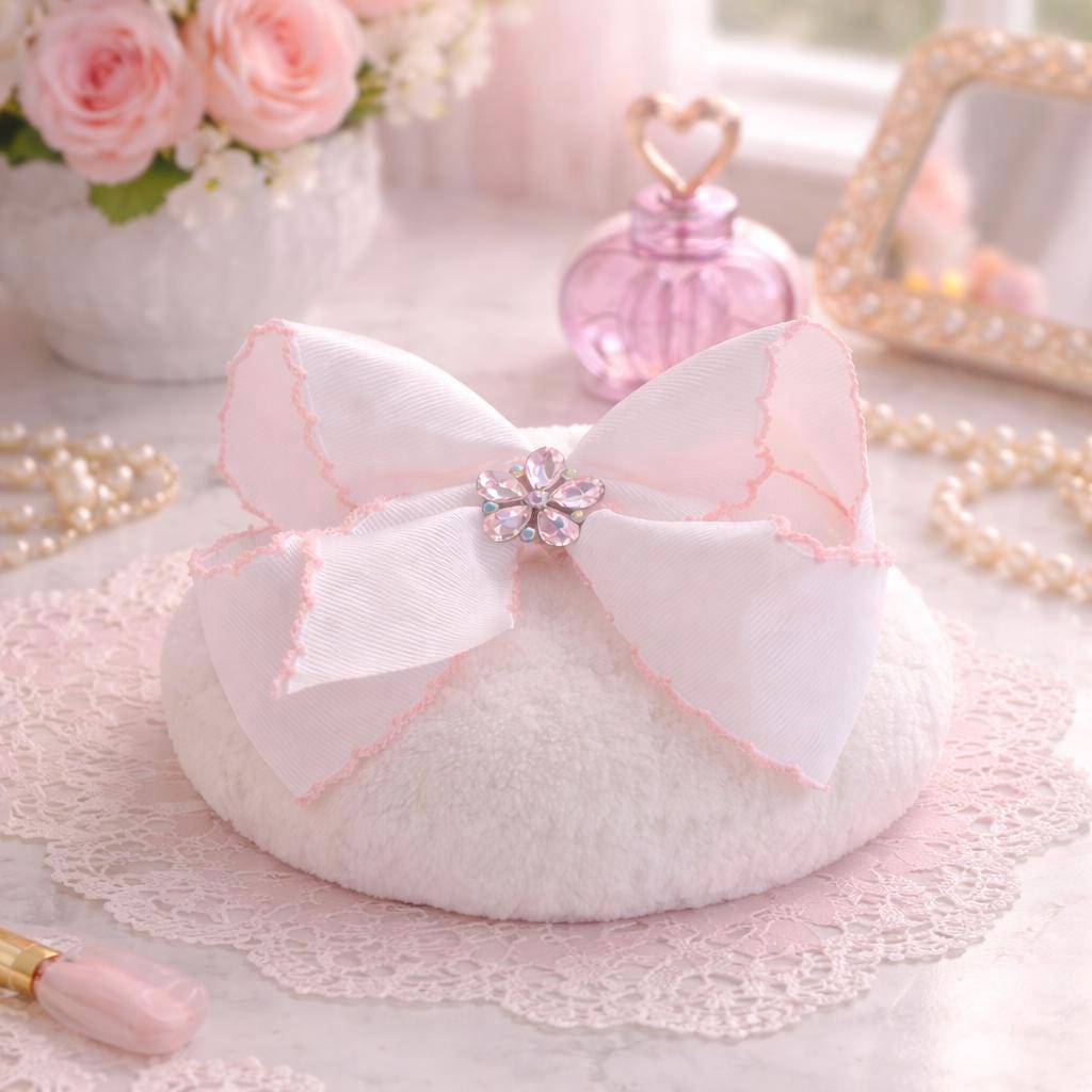 Princess Powder Puff with Glass Jar | Plush Vanity Set, Rhinestone Bow Accessory