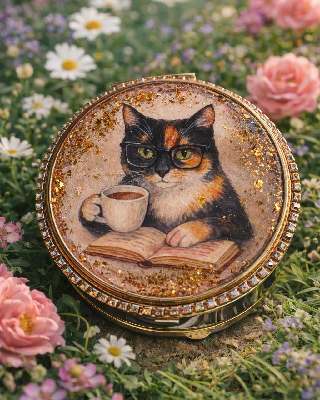 Vintage Cat Compact Mirror, Rhinestone Trim, Floral Garden Pocket, Cat Lover Accessory distress look