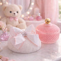 Princess Powder Puff with Glass Jar | Plush Vanity Set, Rhinestone Bow Accessory