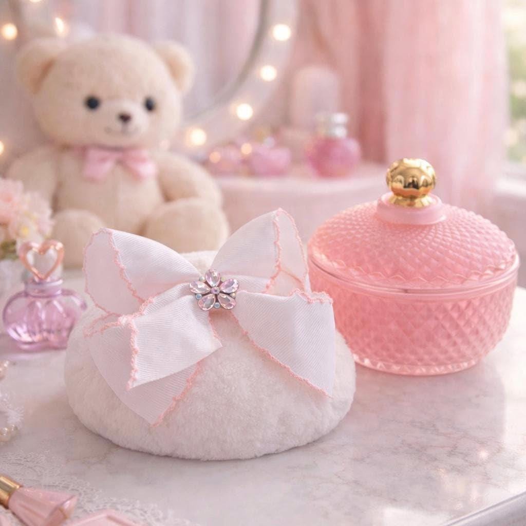 Princess Powder Puff with Glass Jar | Plush Vanity Set, Rhinestone Bow Accessory