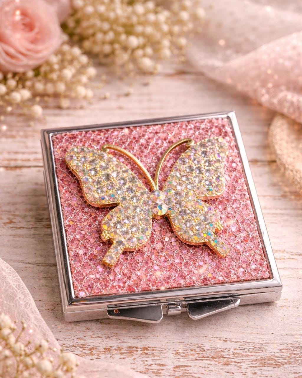 Sparkly Butterfly Compact Mirror | Bling Rhinestone Purse Makeup Mirror