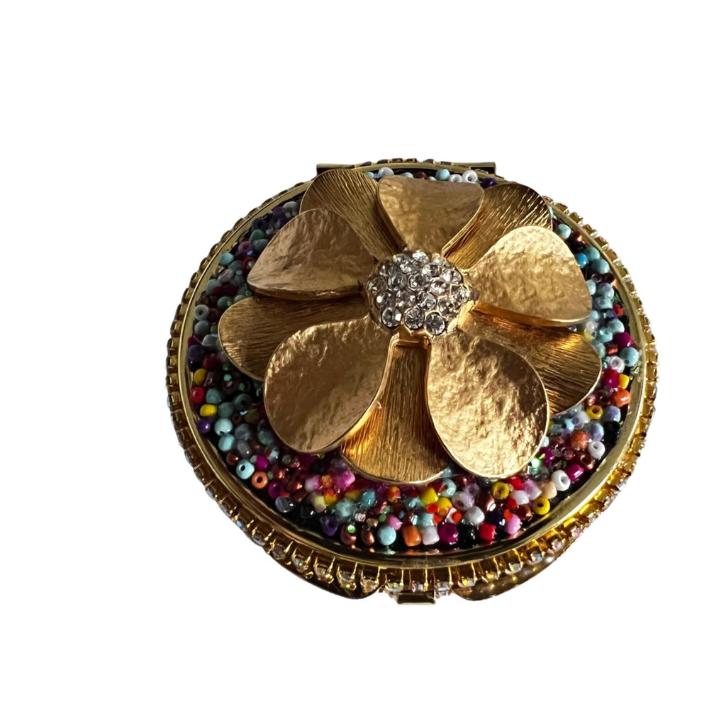 Gold Floral Compact Mirror with Rhinestones | Handmade Beaded Purse Mirror