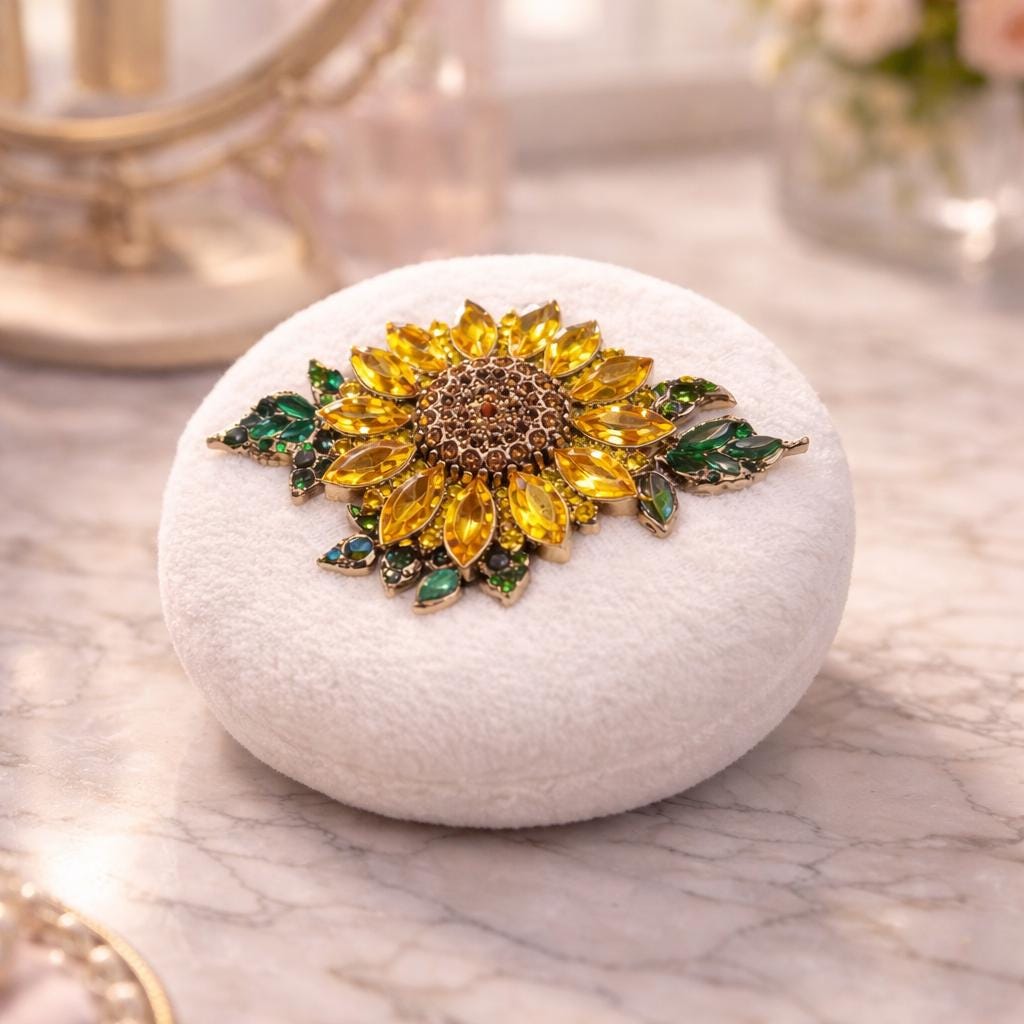 Rhinestone Embellished Sunflower Powder Puff | Large Fluffy Vanity Accessory