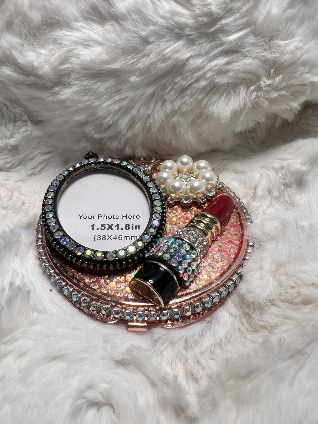Rhinestone Compact Mirror | Lipstick Charm, Pearl Embellishment, Photo Holder