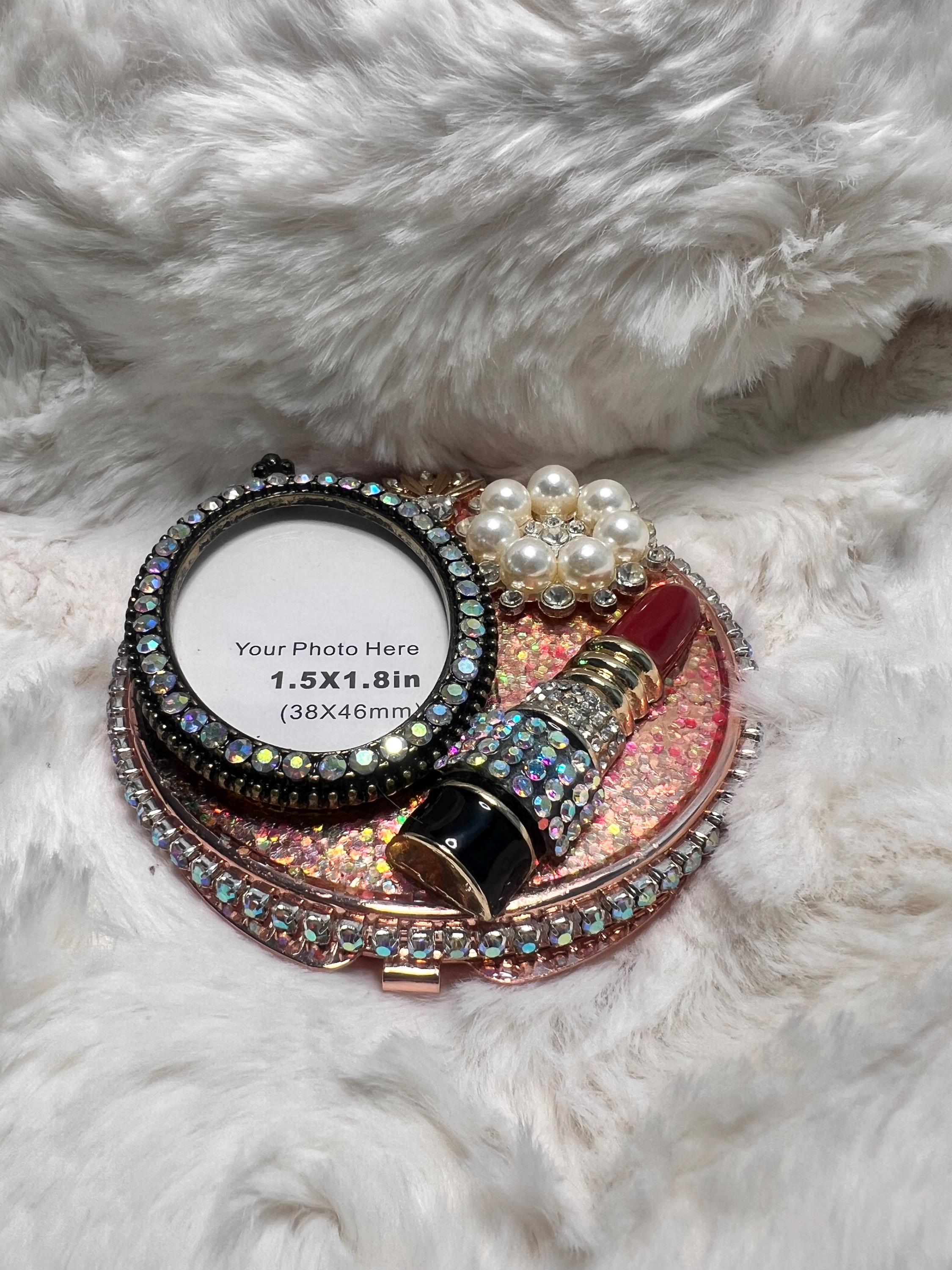 Rhinestone Compact Mirror | Lipstick Charm, Pearl Embellishment, Photo Holder