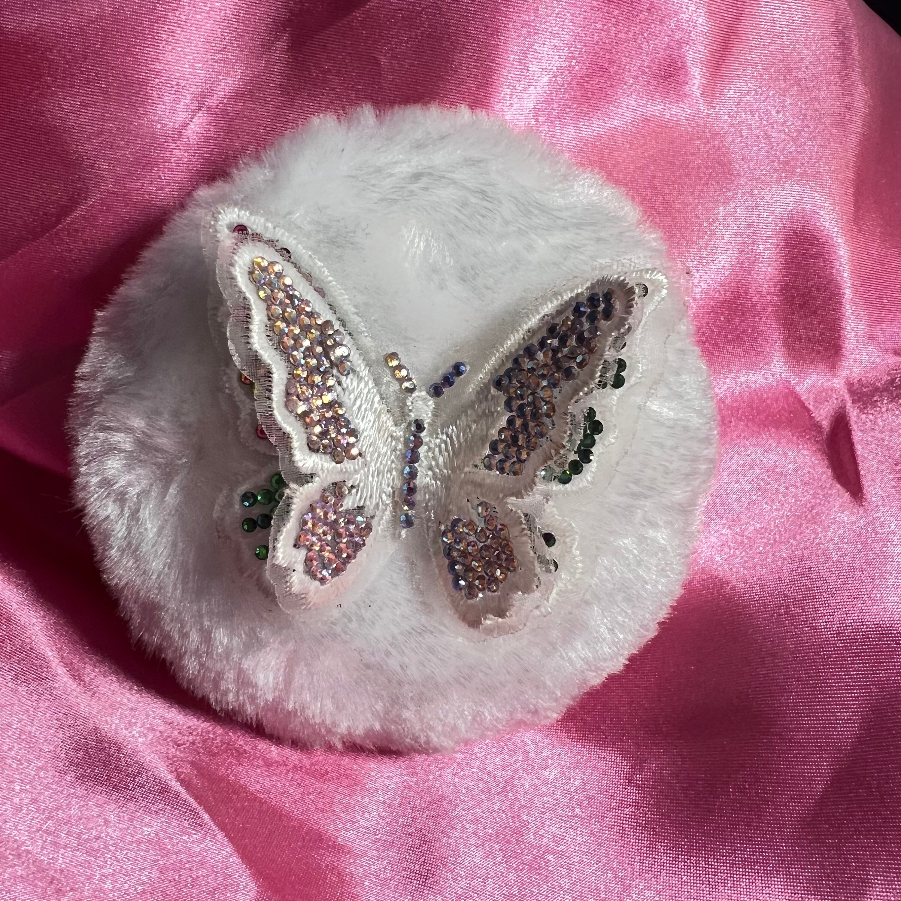 Rhinestone Butterfly Powder Puff | Fluffy Vanity Beauty Accessory, 4 Inch Large Puff