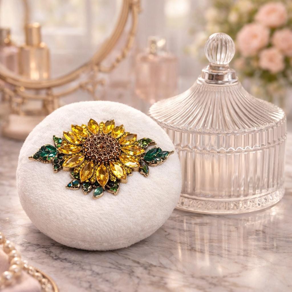 Rhinestone Embellished Sunflower Powder Puff | Large Fluffy Vanity Accessory