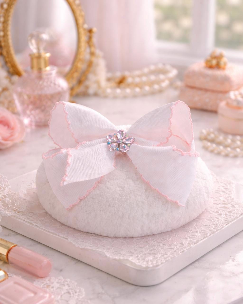 Princess Powder Puff with Glass Jar | Plush Vanity Set, Rhinestone Bow Accessory