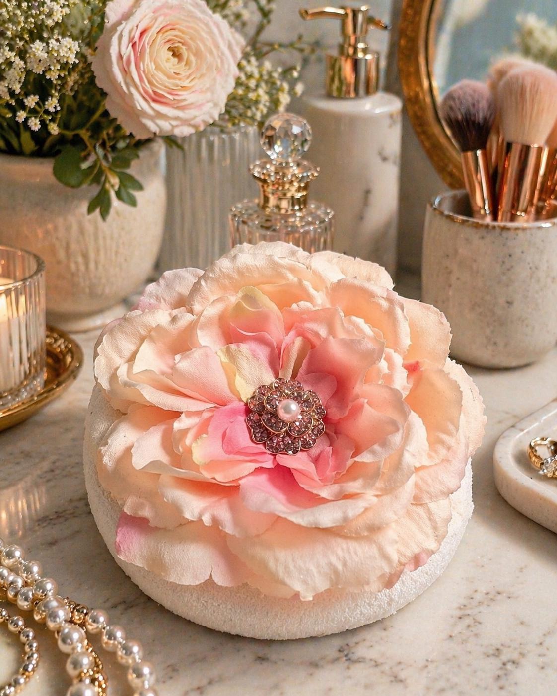 Handmade Floral Powder Puff | Plush Peony Vanity Accessory, Blush Cream Tones