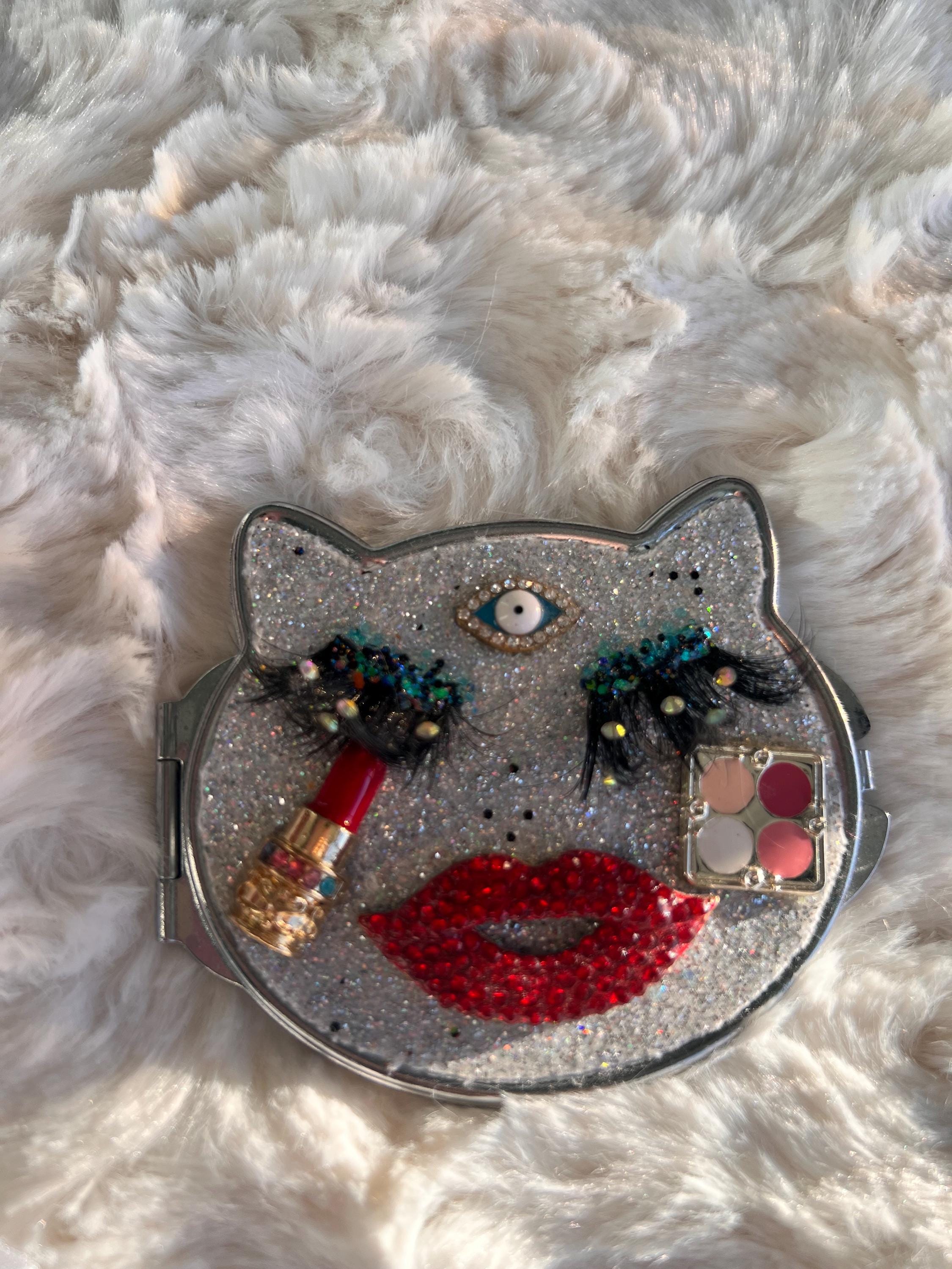 Cat Face Rhinestone Compact Mirror | Bling Purse Makeup Mirror