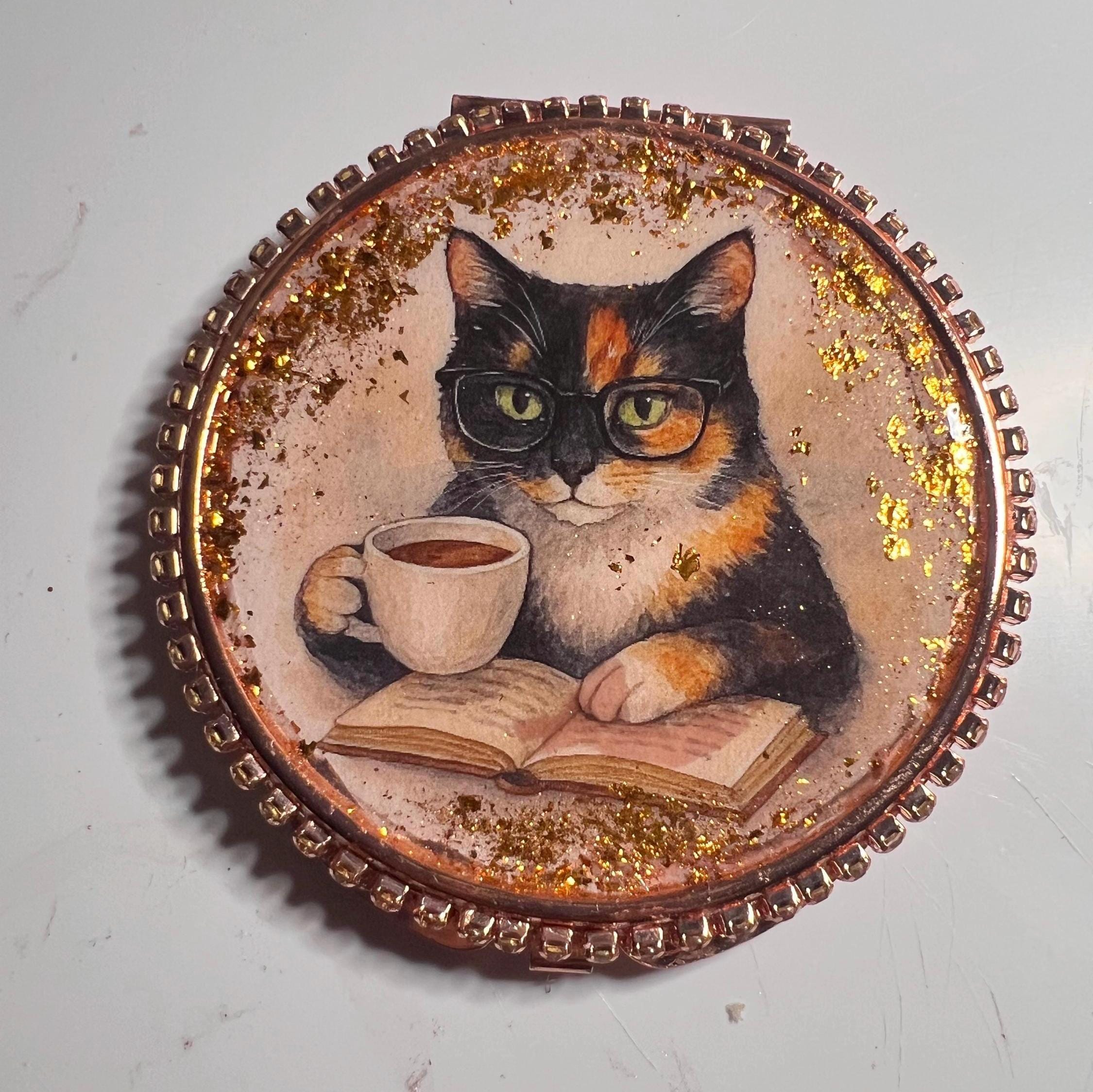 Vintage Cat Compact Mirror, Rhinestone Trim, Floral Garden Pocket, Cat Lover Accessory distress look