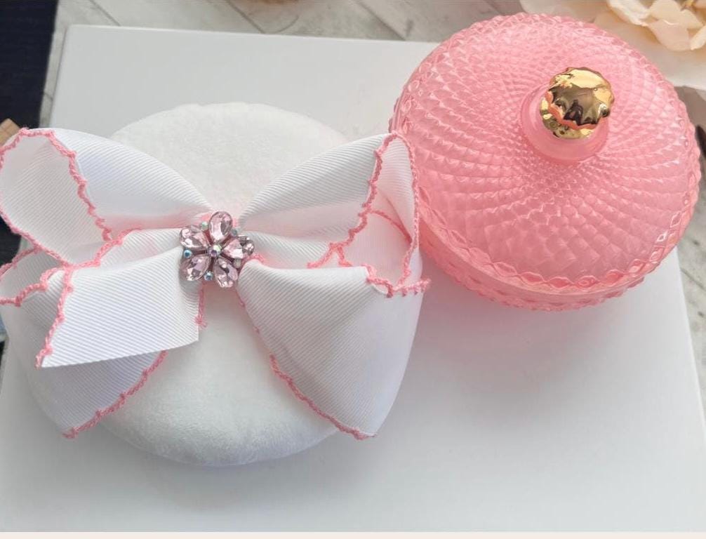 Princess Powder Puff with Glass Jar | Plush Vanity Set, Rhinestone Bow Accessory