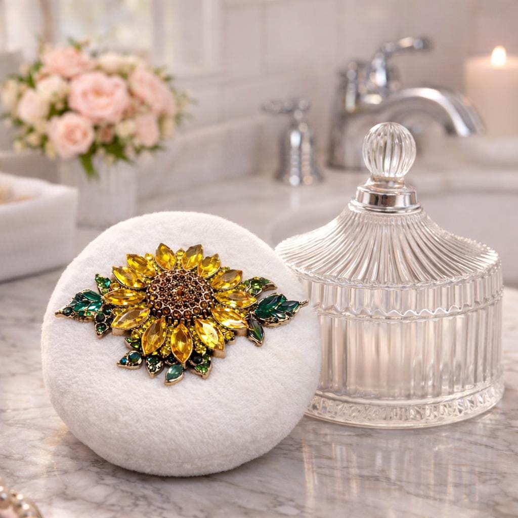 Rhinestone Embellished Sunflower Powder Puff | Large Fluffy Vanity Accessory