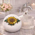 Rhinestone Embellished Sunflower Powder Puff | Large Fluffy Vanity Accessory