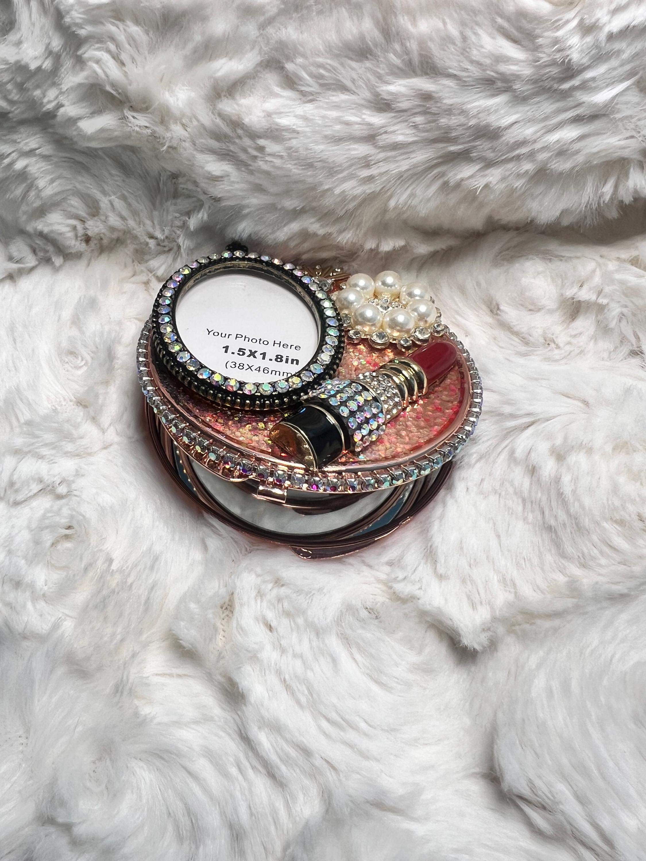 Rhinestone Compact Mirror | Lipstick Charm, Pearl Embellishment, Photo Holder
