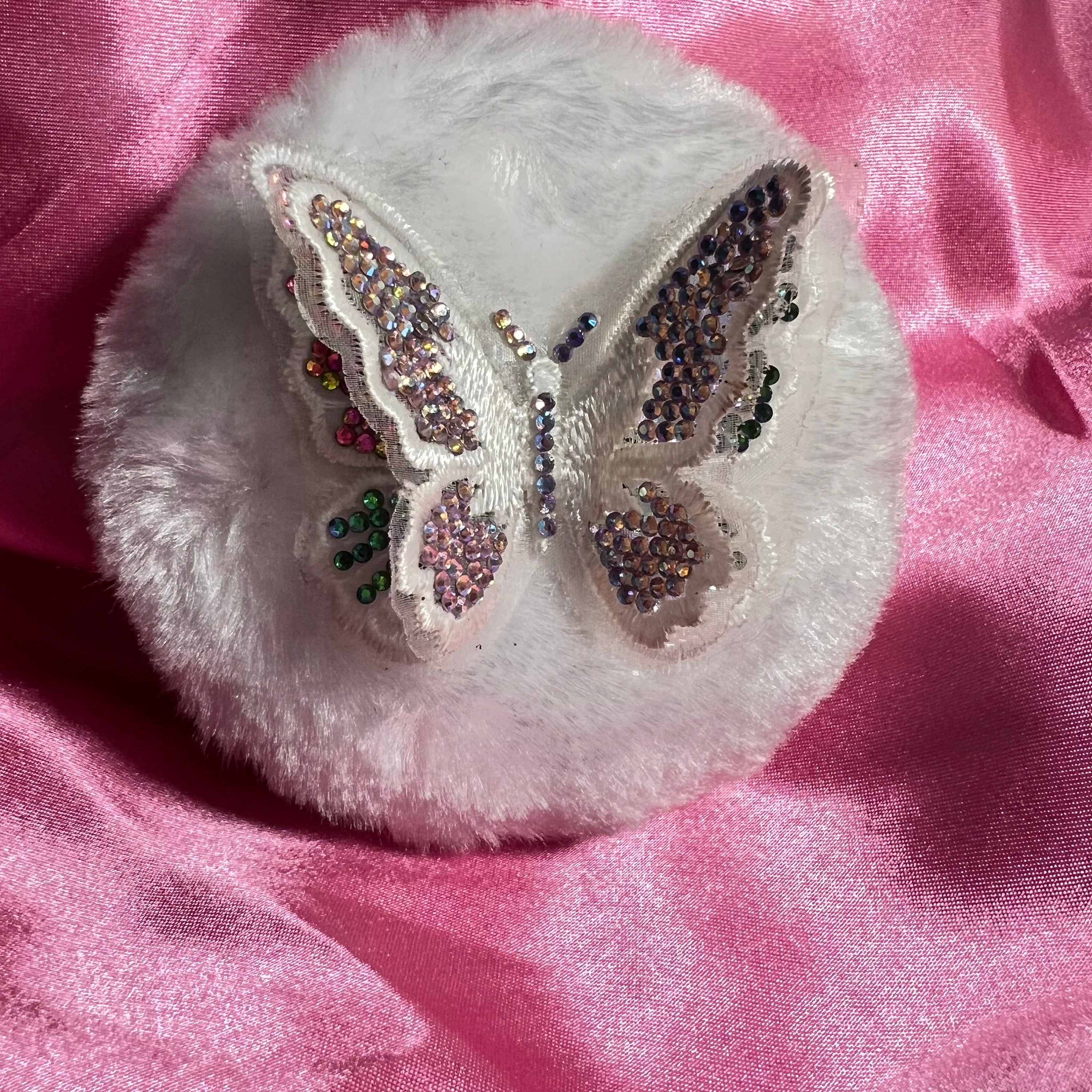 Rhinestone Butterfly Powder Puff | Fluffy Vanity Beauty Accessory, 4 Inch Large Puff