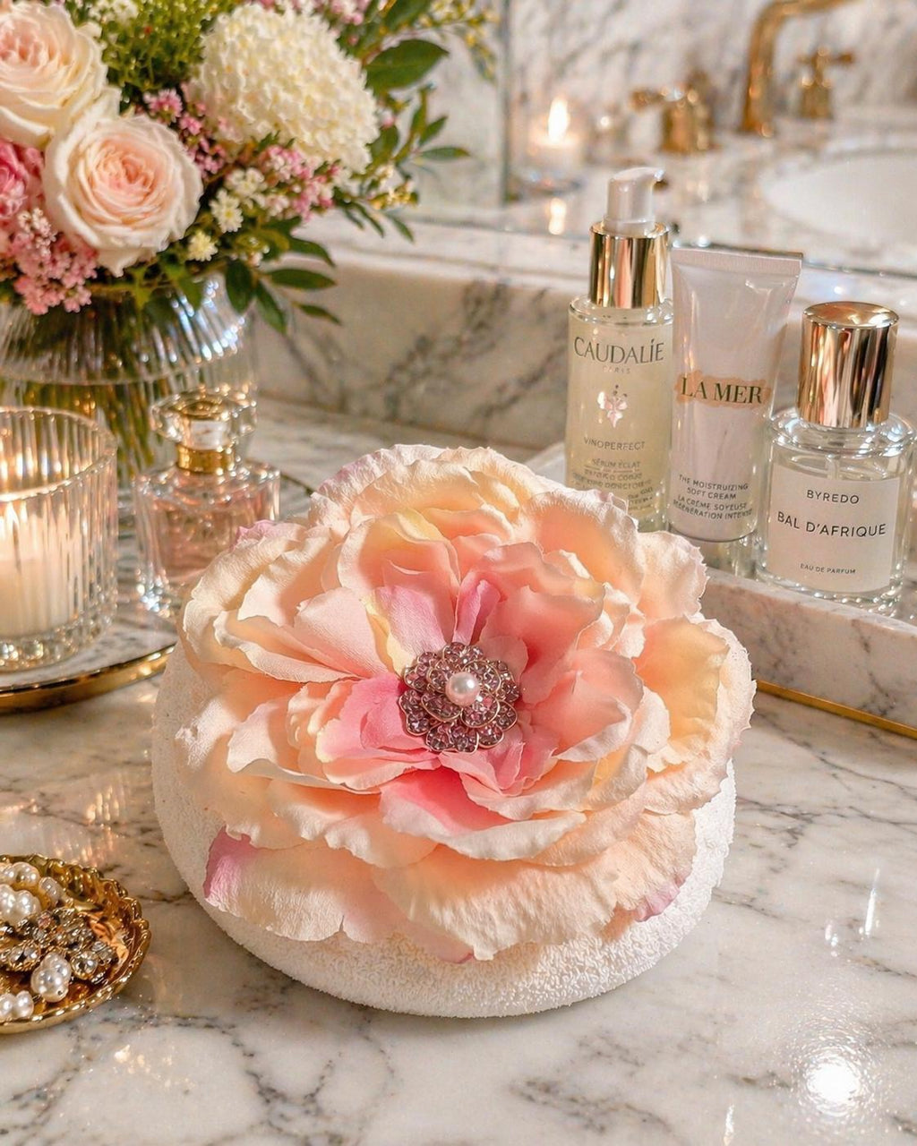 Handmade Floral Powder Puff | Plush Peony Vanity Accessory, Blush Cream Tones