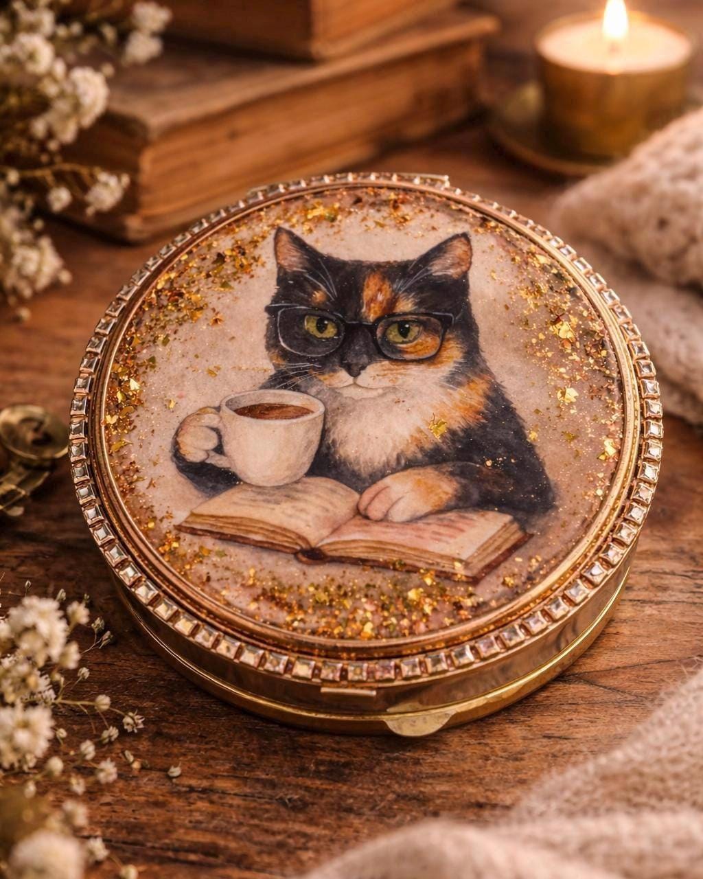 Vintage Cat Compact Mirror, Rhinestone Trim, Floral Garden Pocket, Cat Lover Accessory distress look