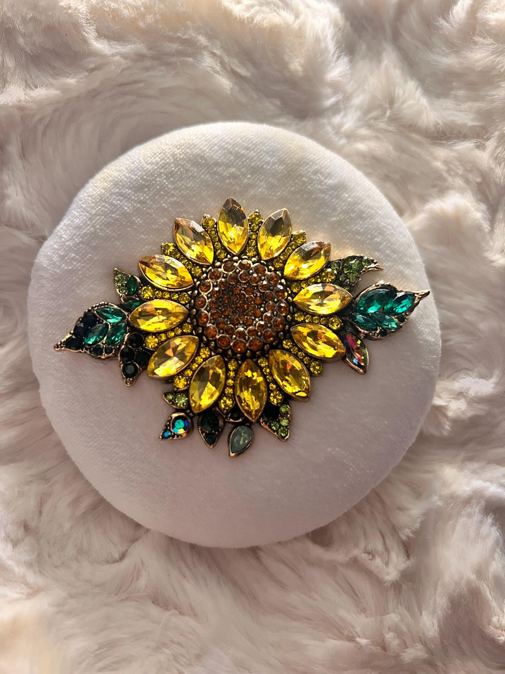 Rhinestone Embellished Sunflower Powder Puff | Large Fluffy Vanity Accessory