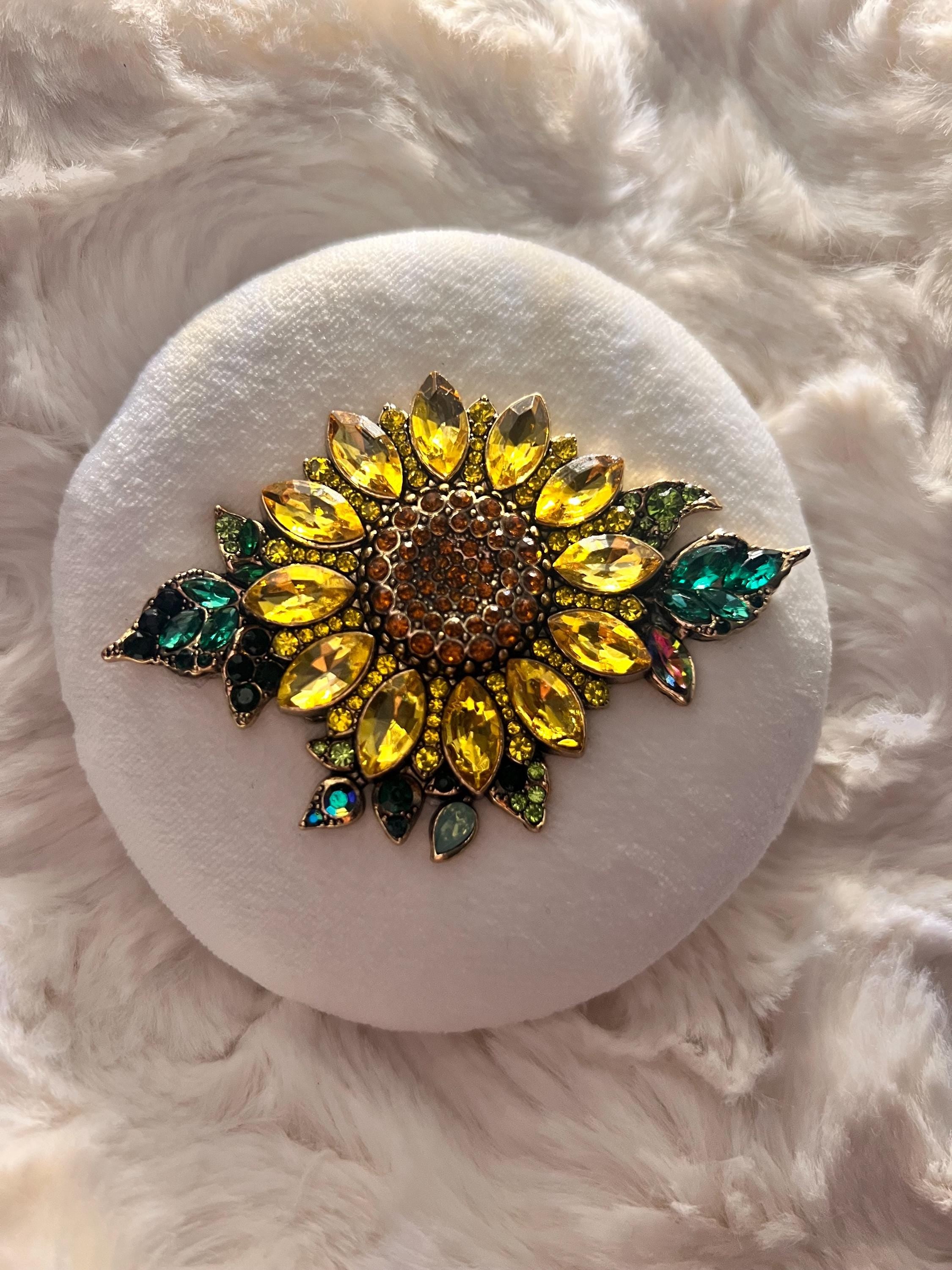Rhinestone Embellished Sunflower Powder Puff | Large Fluffy Vanity Accessory
