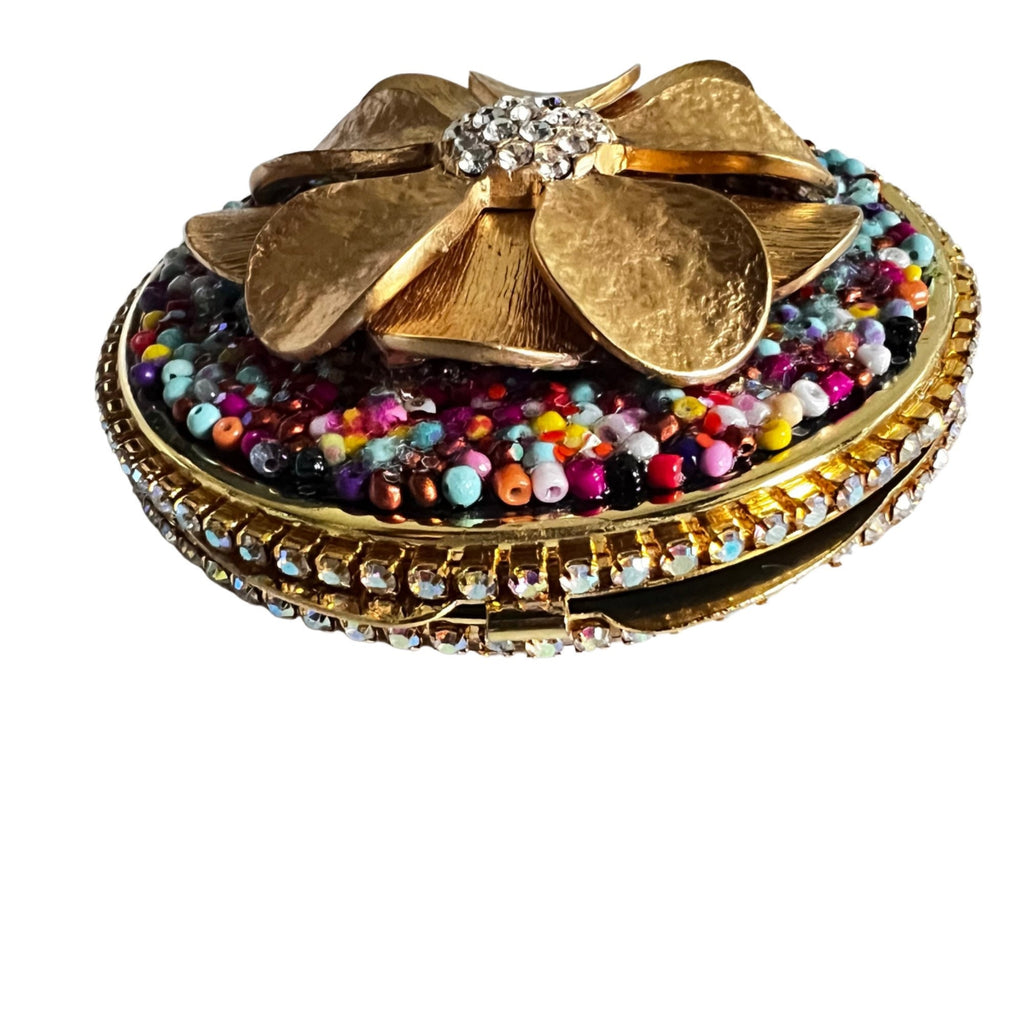 Gold Floral Compact Mirror with Rhinestones | Handmade Beaded Purse Mirror