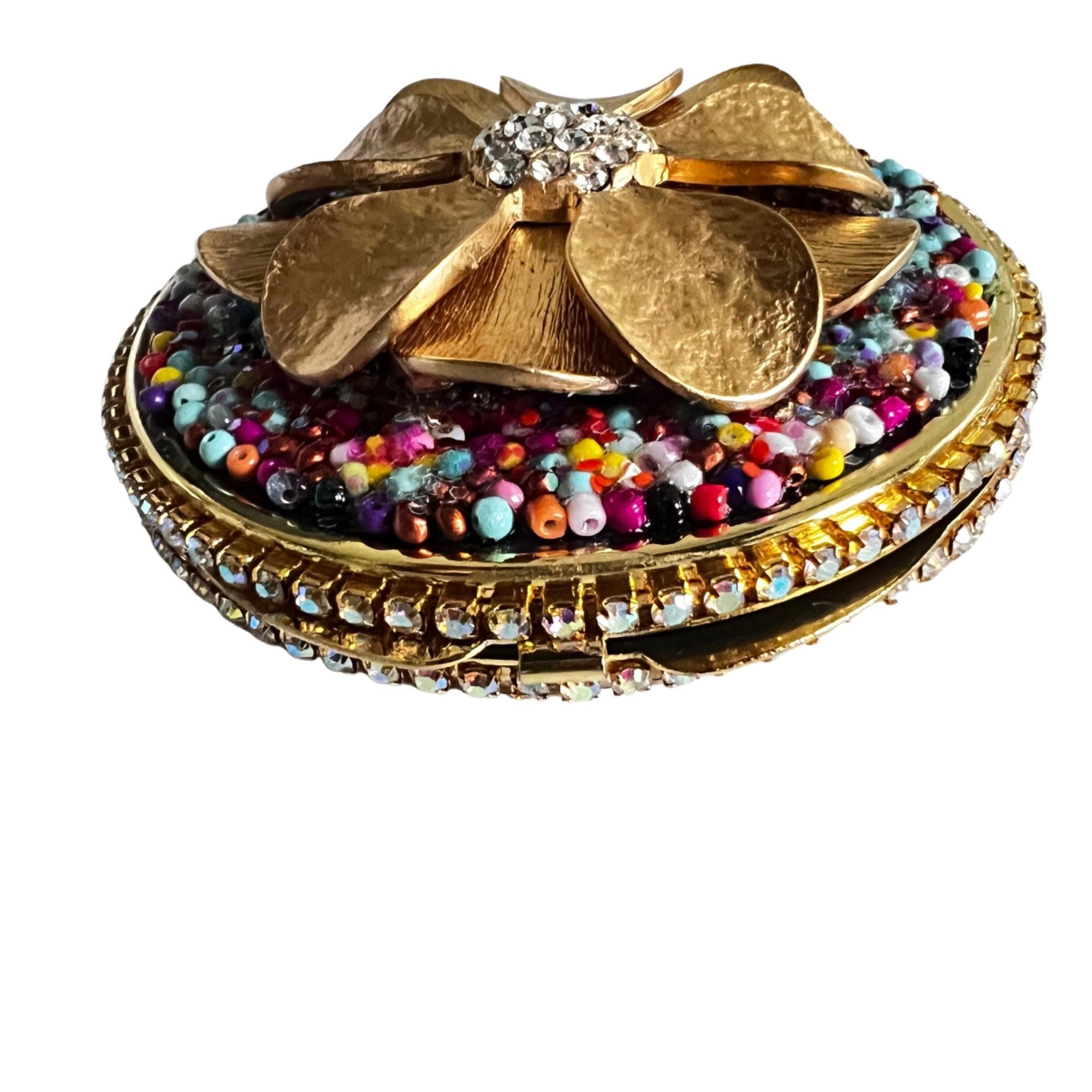 Gold Floral Compact Mirror with Rhinestones | Handmade Beaded Purse Mirror