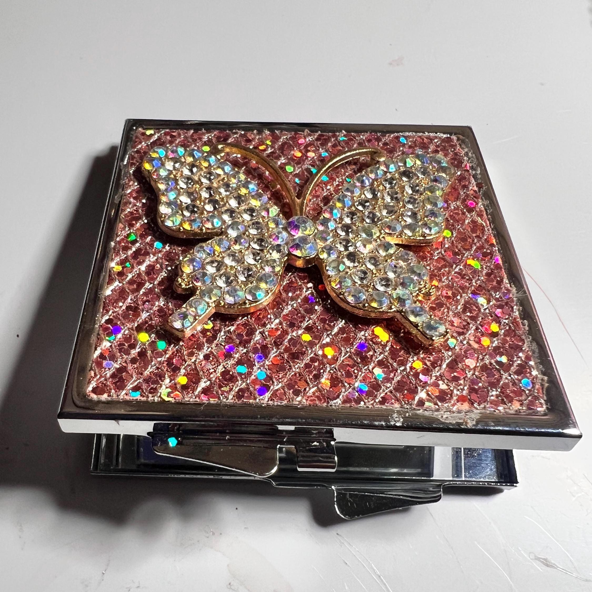 Sparkly Butterfly Compact Mirror | Bling Rhinestone Purse Makeup Mirror
